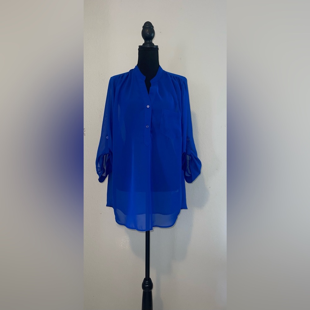 Zara Blue Oversized 3/4 Sleeve Blouse with Mandarin Collar